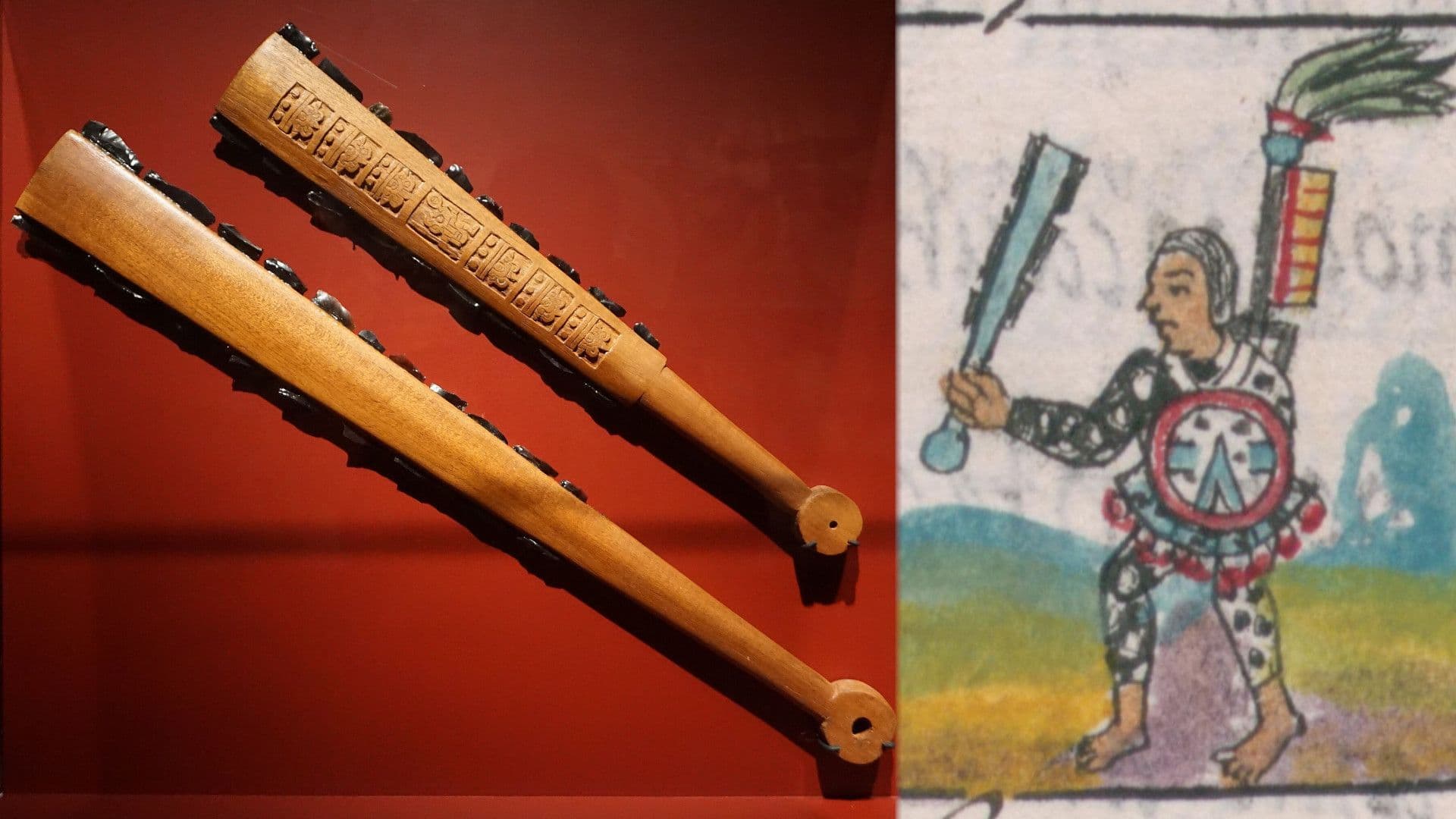 Detalle de una imagen del Códice Florentino del siglo XVI (Vol. IX). El guerrero de la imagen blande un macuahuitl. Imágenes de dominio público