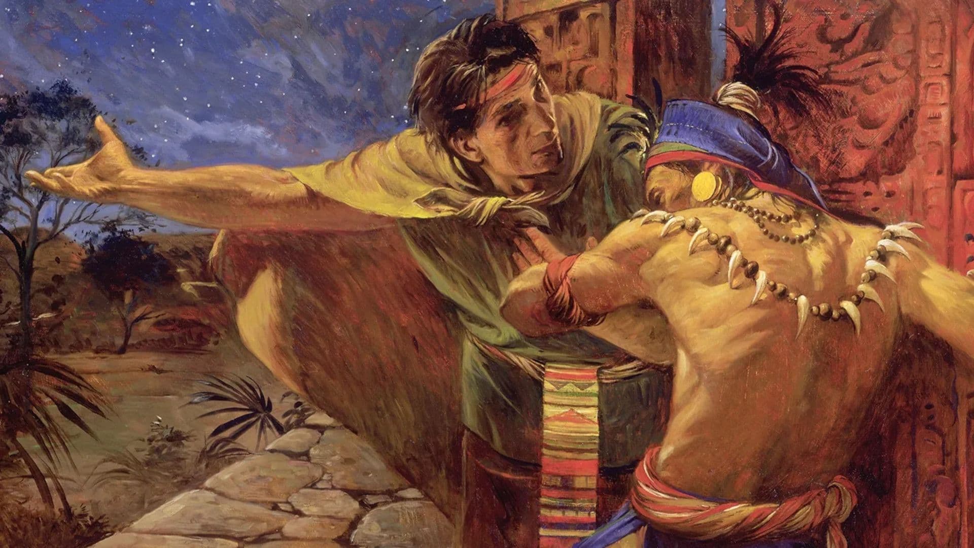 Alma señala la atención de Korihor hacia las creaciones de Dios en esta pintura de Walter Rane titulada "Todas las cosas indican que hay un Dios".