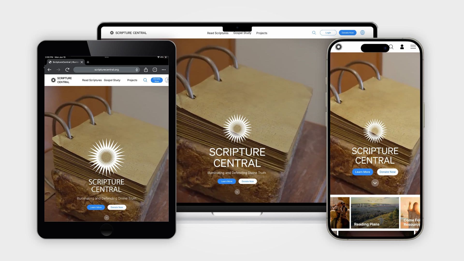 Screenshots of the new Scripture Central website on mobile and desktop.