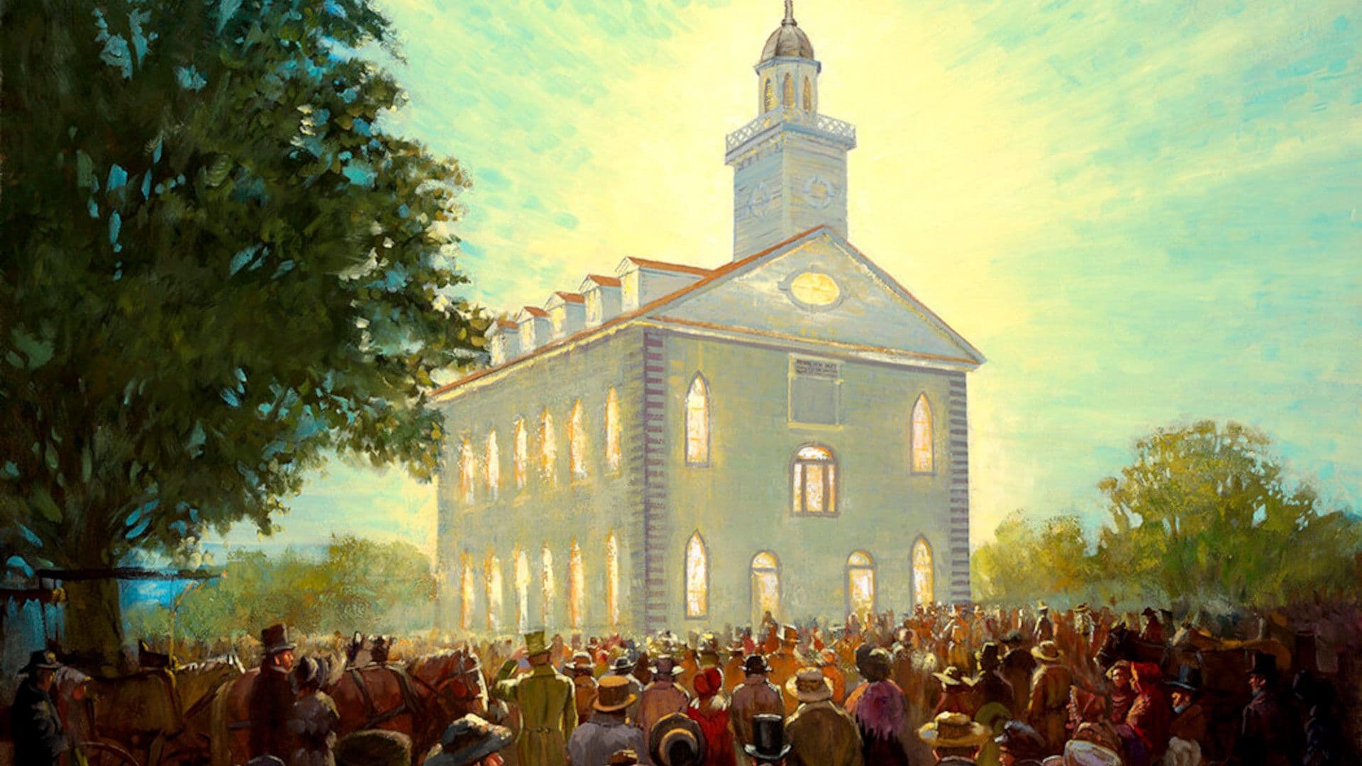 A painted image of the light shining from the Kirtland Temple as a crowd gathers around it in the 1800s.