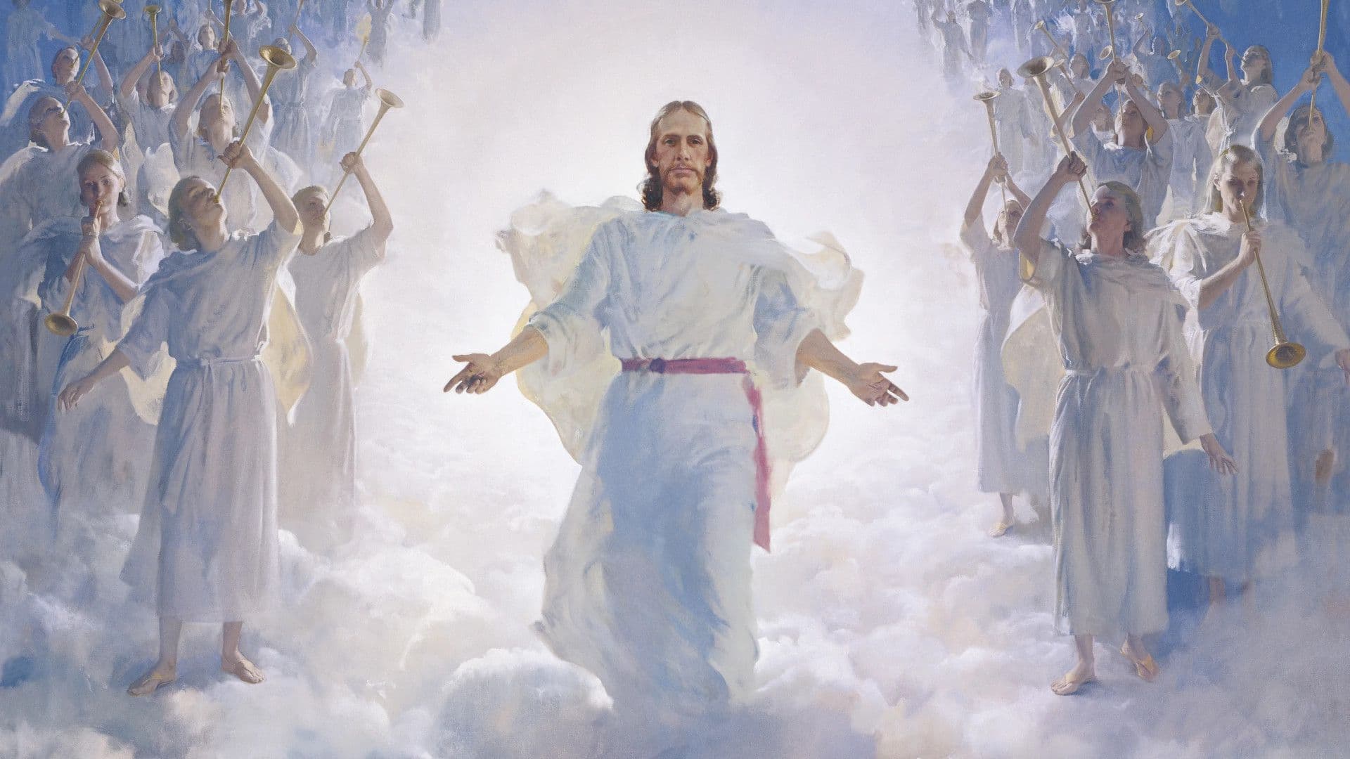 Una pintura de Jesucristo con los brazos extendidos caminando entre las nubes, flanqueado a ambos lados por grupos de ángeles que tocan trompetas.
