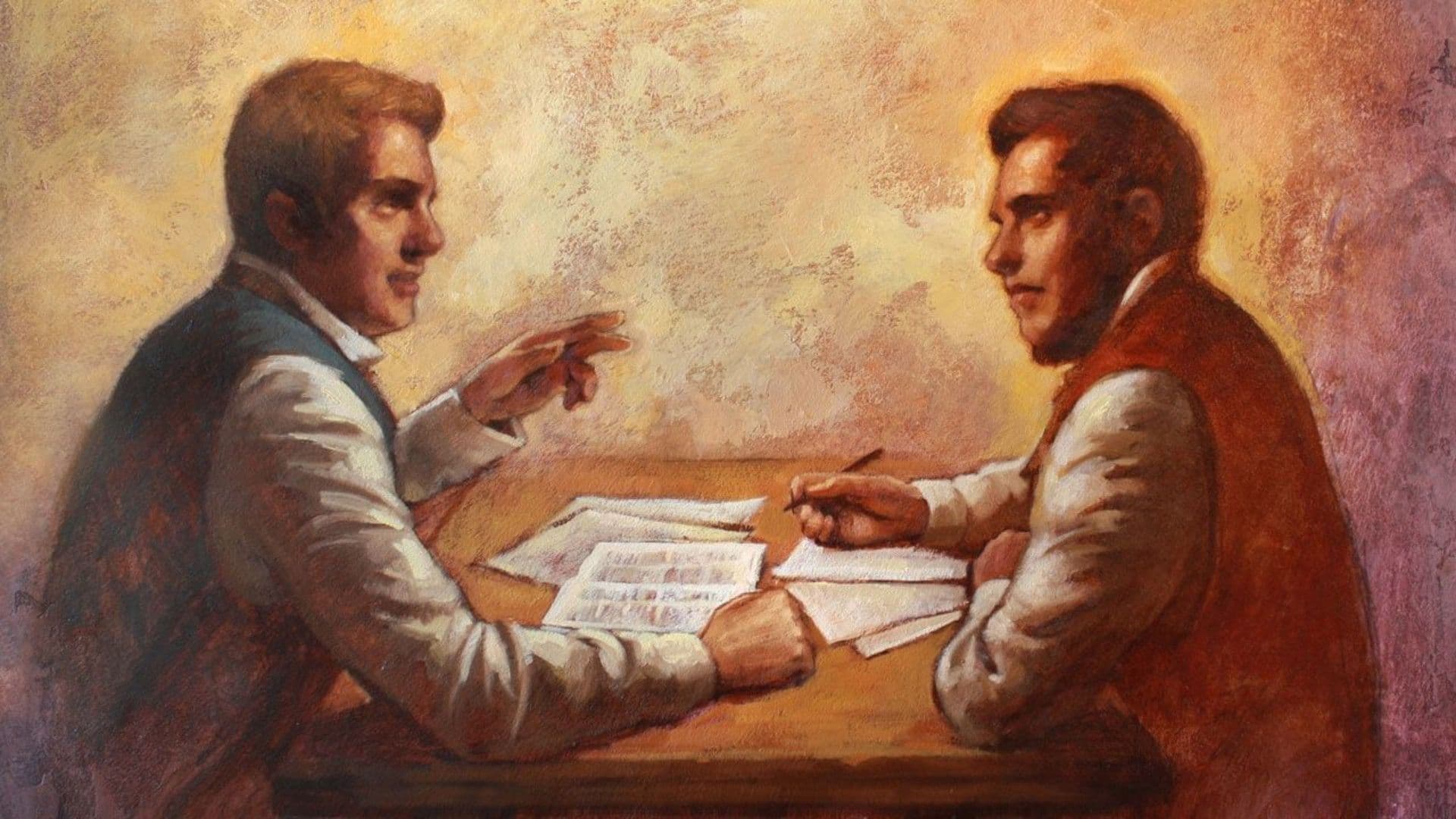 José Smith y Sidney Rigdon trabajando en el proyecto de traducción de la Biblia de José Smith. Imagen cortesía de La Iglesia de Jesucristo de los Santos de los Últimos Días.