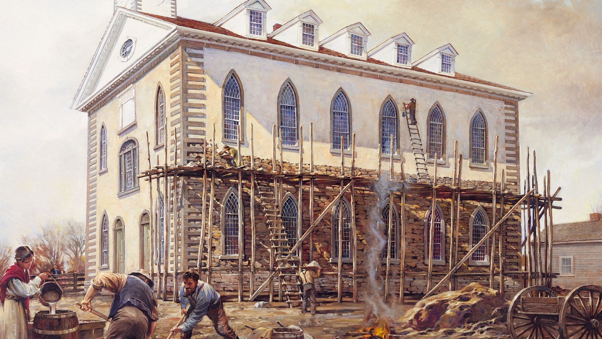 Detail of “Building the Kirtland Temple,” by Walter Rane. Image courtesy The Church of Jesus Christ of Latter-day Saints.