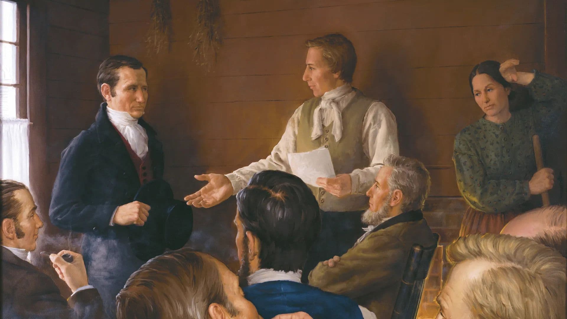 José Smith conversa con otros en la Escuela de los Profetas en Kirtland, y Emma Smith se encuentra a un lado, limpiando. “Word of Wisdom Revealed”, de Ken Corbett. Imagen cortesía de La Iglesia de Jesucristo de los Santos de los Últimos Días.